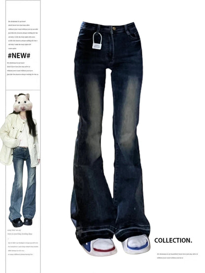 Women's Blue Baggy Flare Jeans Vintage Korean Low Waist Cowboy Pants Harajuku Denim Trousers 90s Aesthetic Y2k Emo 2000s Clothes