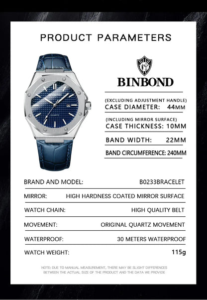 BINBOND Men's Watches Top Fashion Original Quartz Wrstwatch for Man Precision Steel Case Textured Dial Leather Strap Waterproof