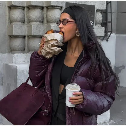 Fashion Burgundy Winter Warm Thicken Zipper Jacket Women Chic Stand Collar Pocket Cotton Coat 2024 Autumn Winter Lady Streetwear