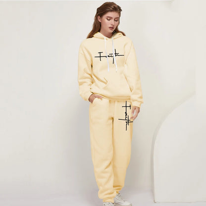 Women's Casual Tracksuit 2pcs Set Hoodie and Sweatpants Faith Printed Sportswear High Quality Ladies Home Outdoor Fashion Outfit