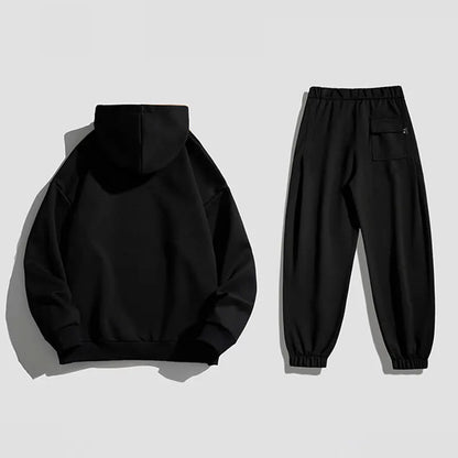 Spring Autumn Men Suit Thickened Warm Windproof Hooded Long Sleeve Trouser Solid Color Casual Sports Two Piece Running Sport Set