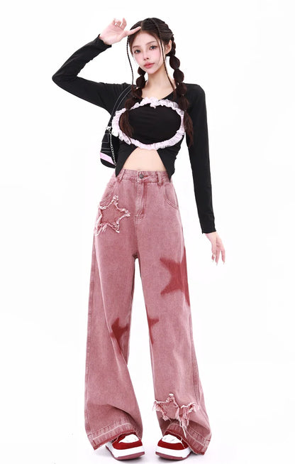 American Retro Jeans Five-point Star Raw Edge Splicing Loose Wide-leg Jeans Women Look Thin Trendy All-match Mopping Pants Women