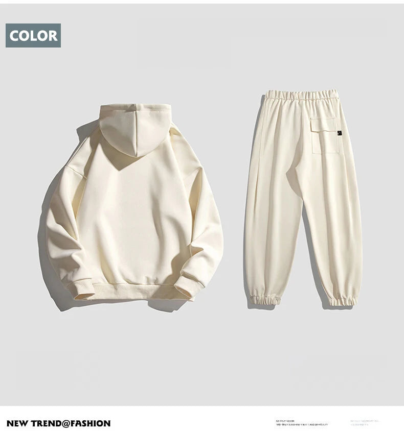 Spring Autumn Men Suit Thickened Warm Windproof Hooded Long Sleeve Trouser Solid Color Casual Sports Two Piece Running Sport Set