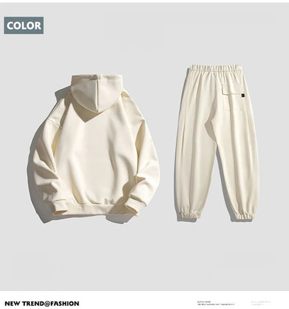 Spring Autumn Men Suit Thickened Warm Windproof Hooded Long Sleeve Trouser Solid Color Casual Sports Two Piece Running Sport Set