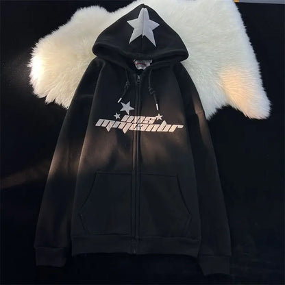 Star Print Hoodies Women's Y2K Street Hip-Hop Zipper Sweatshirt Couple Loose Cashmere Hoodie Cardigan Unisex Casual Coat Women's