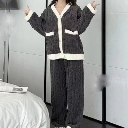 Women Velvet Pajama Set Fleecing Warm Loose Top And Elastic Waist Pants Casual Warm Woolen Suit Women 2024 Winter Men Sleepwear