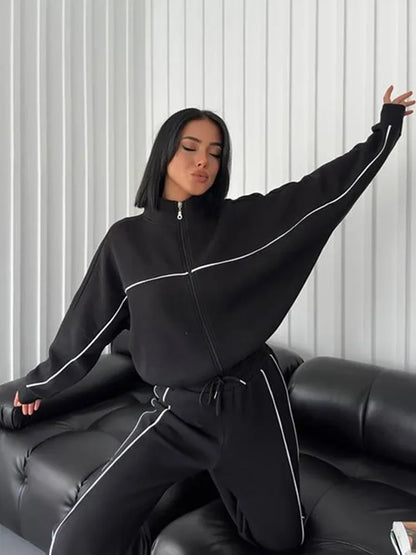 Jacket Women Tracksuit Wide Leg Pants Two Pieces Set Half High Neck Zippers Cardigan Outerwear Drawstring Pockets Matching Set