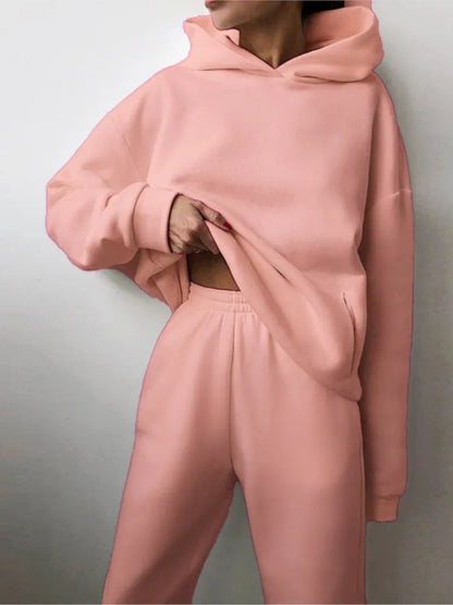 Autumn Winter Casual Thickened Sports Hooded Sweatshirt Trousers Suit Women's Fashion Loose Pocket Female Trousers 2 Pieces Set