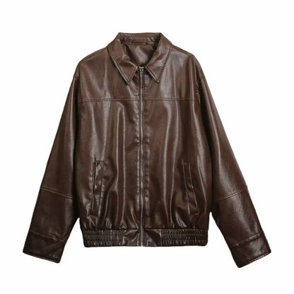 2024 Autumn New Women's Clothing European and American Style French Design Fashionable Versatile Textured Leather Jacket