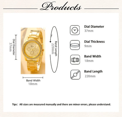 6PCS Set Luxury Watch Women Ring Necklace Earring Rhinestone Fashion Wristwatch Casual Ladies Watches Bracelet Set Clock