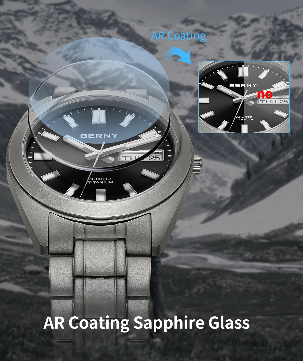 BERNY Titanium Watch for Men Supper Light Weight Wristwatch Super Luminous Sapphire 10ATM Waterproof Sport Field Quartz Watches
