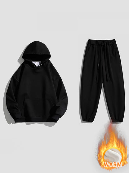 Spring Autumn Men Suit Thickened Warm Windproof Hooded Long Sleeve Trouser Solid Color Casual Sports Two Piece Running Sport Set