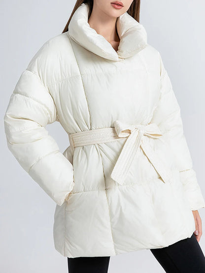 LANMREM Women's Parkas Solid Color Warm Cotton Padded Coat Jacket Belt Gathered Waist Female Fashion Winter Clothing 2DB1775