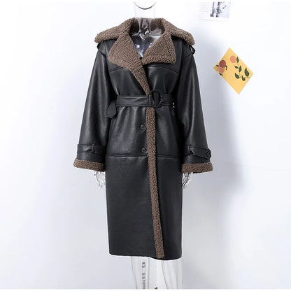 Vintage Faux Pu Leather Winter Jackets Women Casual Patchwork Lace Up Full Sleeve Female Coat Turn-down Collar Ladies Outwears
