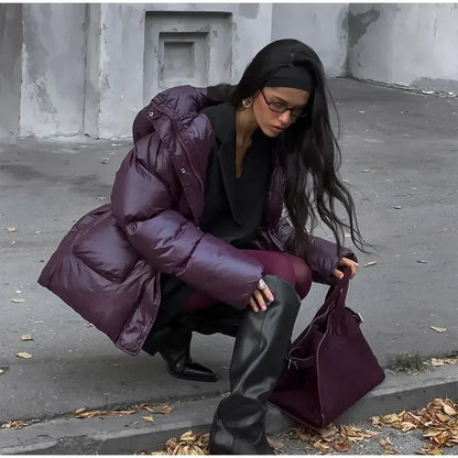 Fashion Burgundy Winter Warm Thicken Zipper Jacket Women Chic Stand Collar Pocket Cotton Coat 2024 Autumn Winter Lady Streetwear