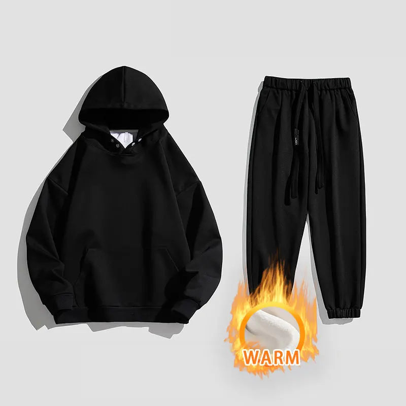 Spring Autumn Men Suit Thickened Warm Windproof Hooded Long Sleeve Trouser Solid Color Casual Sports Two Piece Running Sport Set