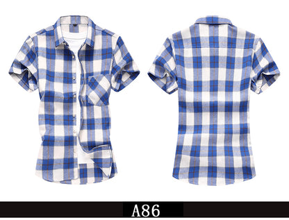 Striped Plaid Short-sleeved Shirt Men's Single-breasted Square Collar Cotton Shirts Summer Fashion Casual Camisa Men Chemise 7XL