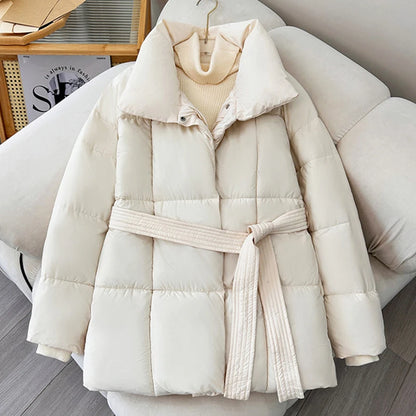 LANMREM Women's Parkas Solid Color Warm Cotton Padded Coat Jacket Belt Gathered Waist Female Fashion Winter Clothing 2DB1775