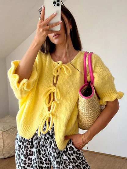 Bow Lace Up Hollow Out Knitted Cardigan  for Women