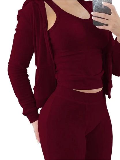 Autumn Winter Double-sided Velvet Vest 3 Piece Set For Woman's Fashion Hooded Sweatshirt Jacket Slim Pocket Trousers Female Suit