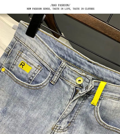 Summer Autumn Korean Designer Luxury Clothing Embroidered Slim Pencil Jeans Men Vintage Washed Casual Streetwear Cotton Trousers