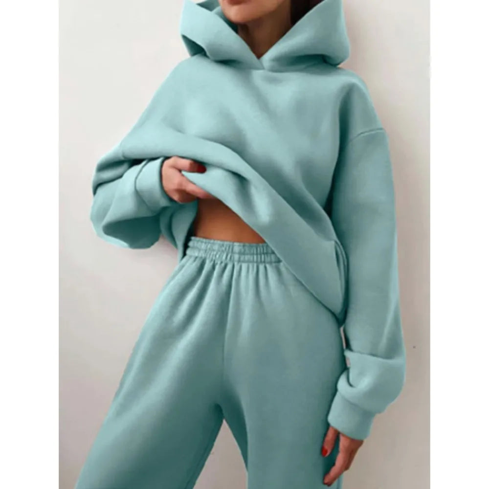 Autumn Winter Casual Thickened Sports Hooded Sweatshirt Trousers Suit Women's Fashion Loose Pocket Female Trousers 2 Pieces Set