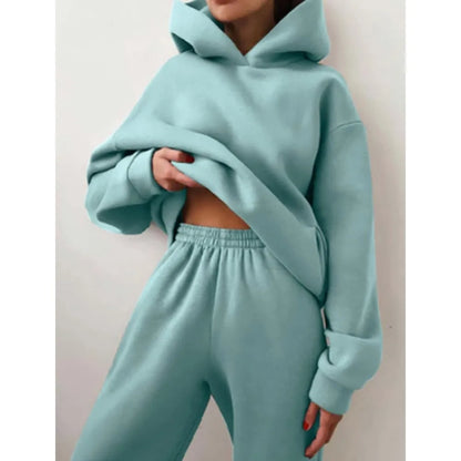 Autumn Winter Casual Thickened Sports Hooded Sweatshirt Trousers Suit Women's Fashion Loose Pocket Female Trousers 2 Pieces Set