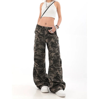 American Retro High Street Casual Overalls Camouflage Loose Wide Leg Pants For Women Y2k Hip-hop Cargo Grunge Baggy Trousers