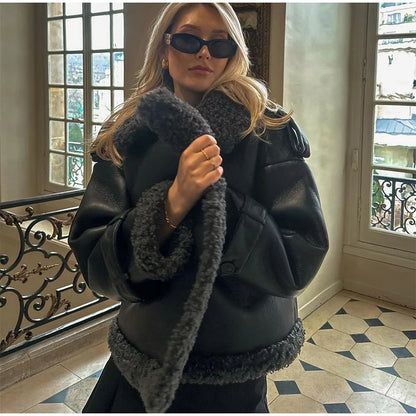 Vintage Faux Pu Leather Winter Jackets Women Casual Patchwork Lace Up Full Sleeve Female Coat Turn-down Collar Ladies Outwears
