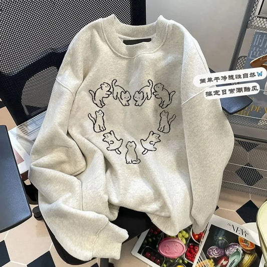Korean Version of The New Cat Print Crew Neck Hoodie for Men and Women Loose Fit Casual Couple Autumn and Winter Long Sleeves