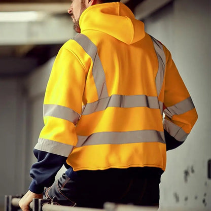 Reflective Hoodie Reflective Strip Men's Hoodie Coat with Drawstring Closure for Outdoor Work Safety Warm Cold-proof Overalls