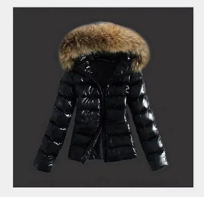 Women Winter Fashion Casual Slim Short Padded Faux Fur Collar with Non Removable Hooded Warm Paddeds Female Zipper Thicken Coat