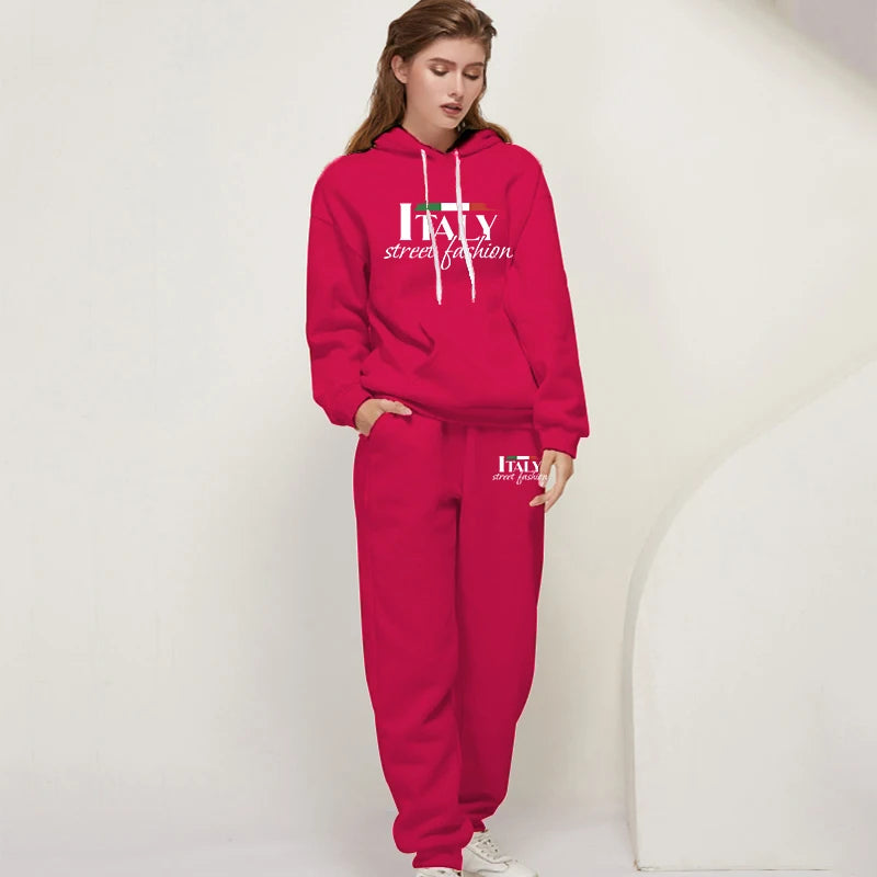 Womens Pants Suit Print Casual Hooded Sweatshirt Set Sports Jogging Woman Clothing AutumnWinter Office Home Tracksuit Street y2k