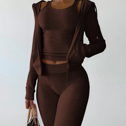 Autumn Winter Double-sided Velvet Vest 3 Piece Set For Woman's Fashion Hooded Sweatshirt Jacket Slim Pocket Trousers Female Suit