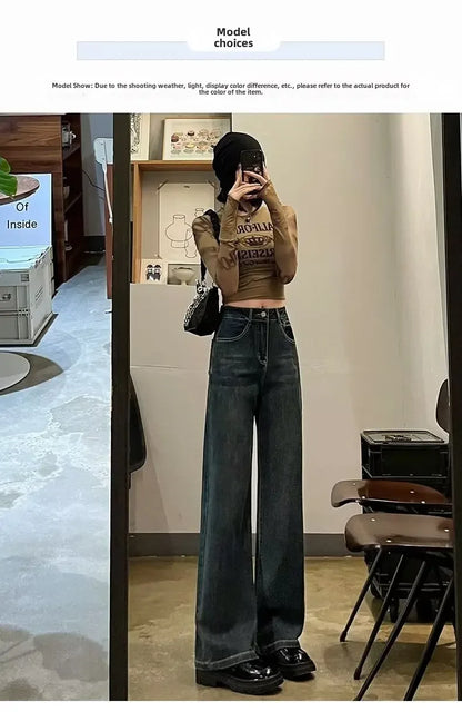High-waisted Wide-leg Jeans Women's Autumn Winter Petite Fleece-lined Slimming Loose-fit Draped Concrete Grey Straight-leg Pants