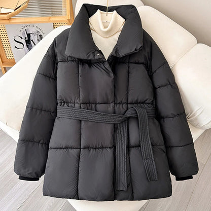LANMREM Women's Parkas Solid Color Warm Cotton Padded Coat Jacket Belt Gathered Waist Female Fashion Winter Clothing 2DB1775