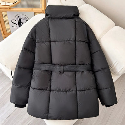 LANMREM Women's Parkas Solid Color Warm Cotton Padded Coat Jacket Belt Gathered Waist Female Fashion Winter Clothing 2DB1775
