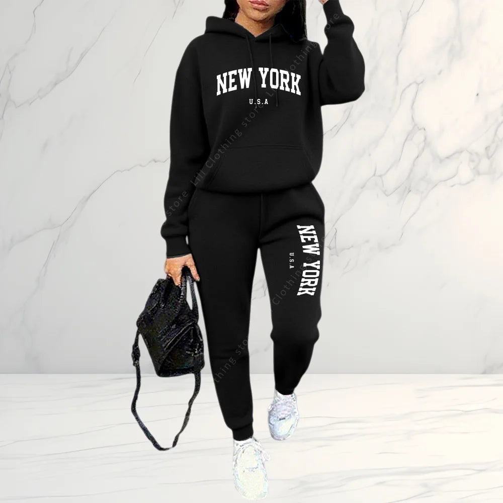Women's Letter Print Hoodie & Pants 2-Piece Set, Autumn Winter  Tracksuit, Casual Sportswear Streetwear Outfit for Daily Fashion