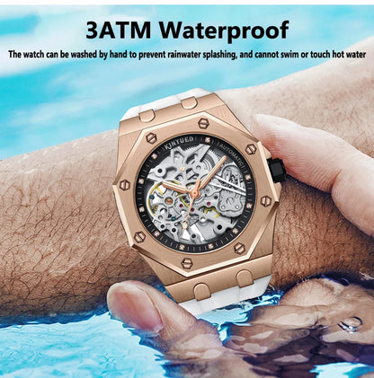 KINYUED Fashion Skeleton Mechanical Watch Top Brand Luxury Men's Steampunk Transparent Hollow Automatic Watch Relogio Masculino