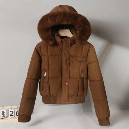 2024 Fashion Winter Short Parkas Women's Cotton-padded Jacket Fleece Liner Hooded Coats Thicken Fur Collar Warm Student Overcoat
