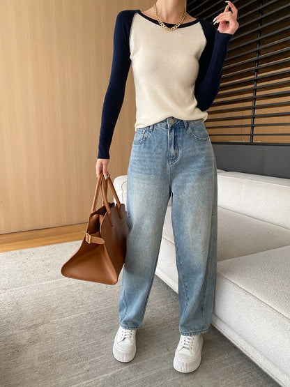 Curved Knife Cut Wide Leg Loose Jeans Look Slimmer 2024 Autumn Denim Pant