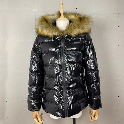 Women Winter Fashion Casual Slim Short Padded Faux Fur Collar with Non Removable Hooded Warm Paddeds Female Zipper Thicken Coat