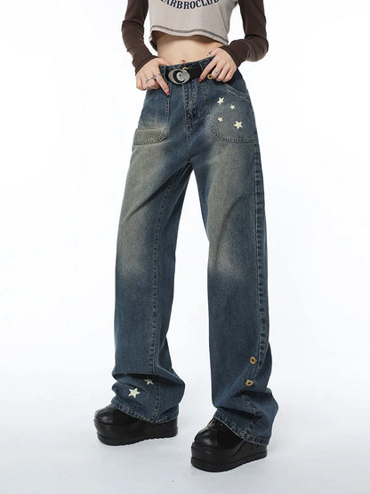 American Retro Jeans Five-point Star Raw Edge Splicing Loose Wide-leg Jeans Women Look Thin Trendy All-match Mopping Pants Women