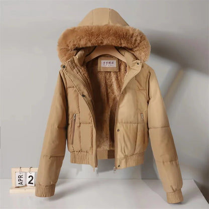 2024 Fashion Winter Short Parkas Women's Cotton-padded Jacket Fleece Liner Hooded Coats Thicken Fur Collar Warm Student Overcoat