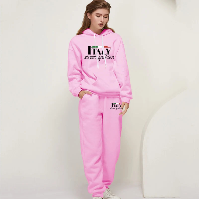 Womens Pants Suit Print Casual Hooded Sweatshirt Set Sports Jogging Woman Clothing AutumnWinter Office Home Tracksuit Street y2k