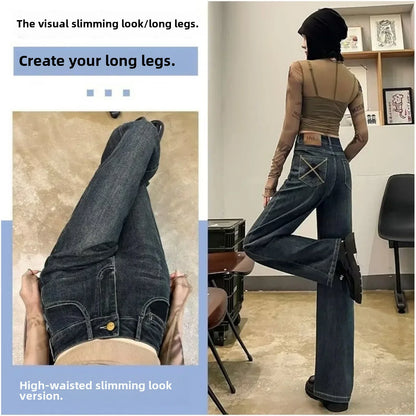 High-waisted Wide-leg Jeans Women's Autumn Winter Petite Fleece-lined Slimming Loose-fit Draped Concrete Grey Straight-leg Pants