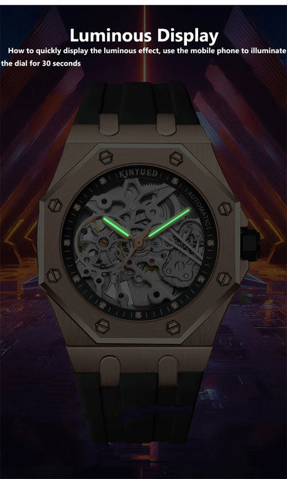 KINYUED Fashion Skeleton Mechanical Watch Top Brand Luxury Men's Steampunk Transparent Hollow Automatic Watch Relogio Masculino