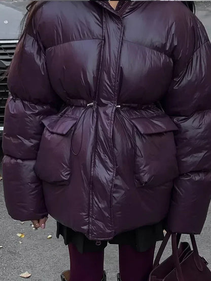 Fashion Burgundy Winter Warm Thicken Zipper Jacket Women Chic Stand Collar Pocket Cotton Coat 2024 Autumn Winter Lady Streetwear