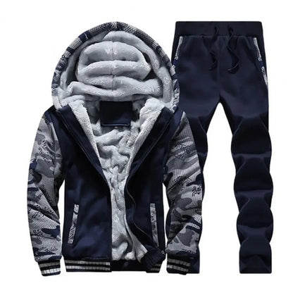 New Fleece Men Set Fashion Brand Tracksuit Lined Thick Sweatshirt + Pants Sportswear Suit Male Winter Warm Hooded Outerwear Suit