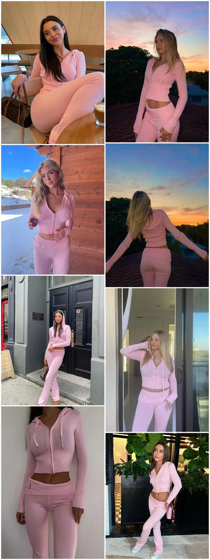 Tossy Knit Fashion 2 Piece-Set Trousers Hoodie Tracksuit Women Crop top Knitwear And Women's Pants Sets Female Trousers Outfits